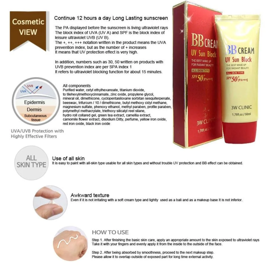 3W CLINIC UV Sun Block BB Cream SPF50  PA    50ml