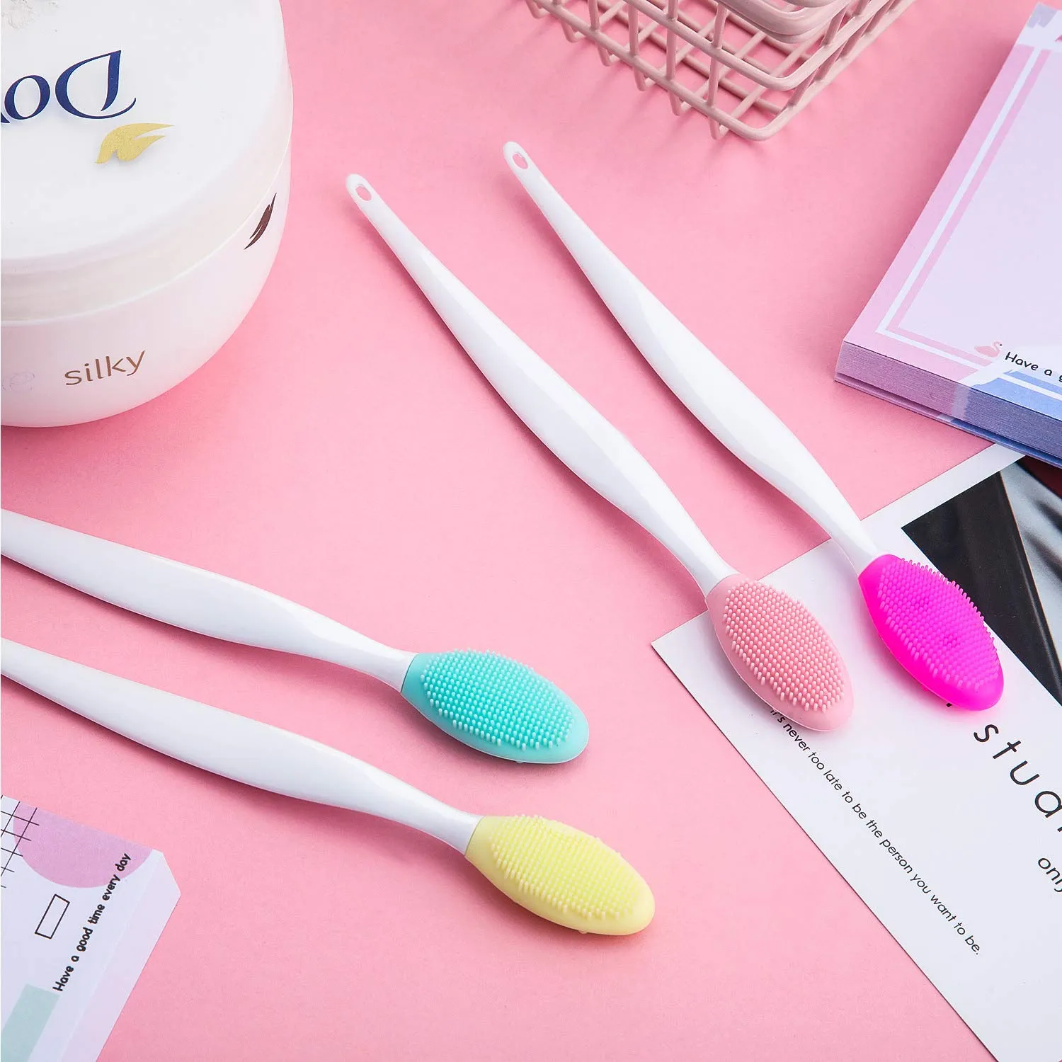 4 Pieces Silicone Exfoliating Lip Brush Tool Double-sided Soft Lip Brush for Smoother and Fuller Lip Appearance (Rose Red, Yellow, Mint Green, Pink) Rose Red, Yellow, Mint Green, Pink