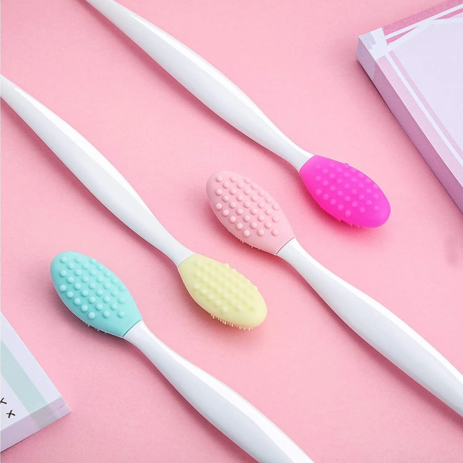 4 Pieces Silicone Exfoliating Lip Brush Tool Double-sided Soft Lip Brush for Smoother and Fuller Lip Appearance (Rose Red, Yellow, Mint Green, Pink) Rose Red, Yellow, Mint Green, Pink