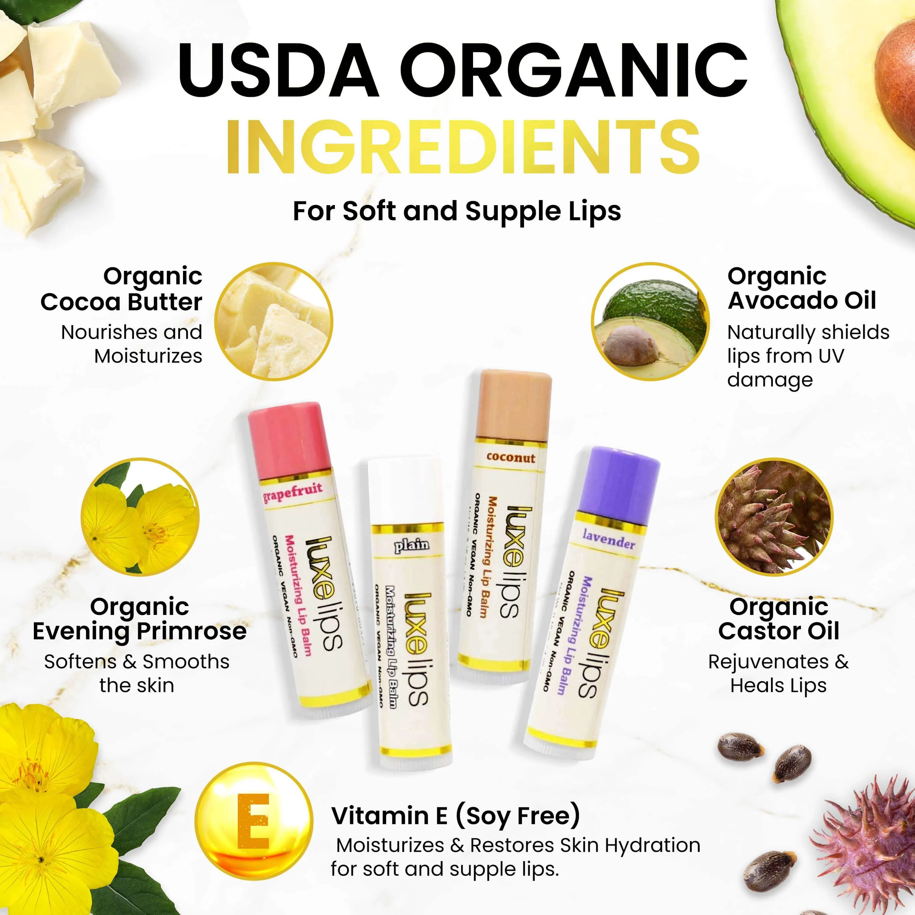 Beeswax Free, Nut Free Lip Balm - Luxe Lips - Grapefruit Scent