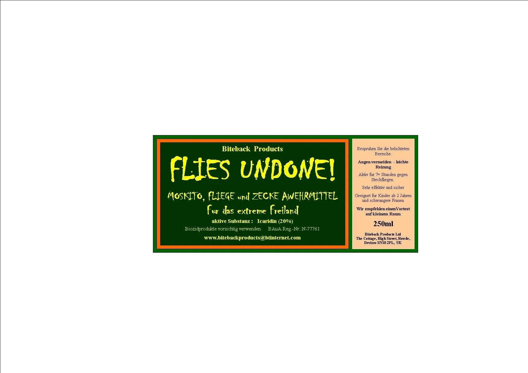 Biteback Products 'Flies Undone'™ Powerful, Safe Mosquito and Insect Repellent with 20% Icaridin, 250ml
