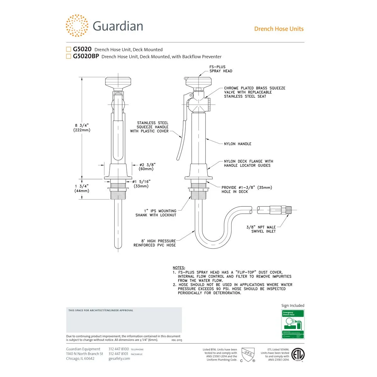 Guardian G5020 Single Head Eyewash Drench Hose Unit, Deck Mounted