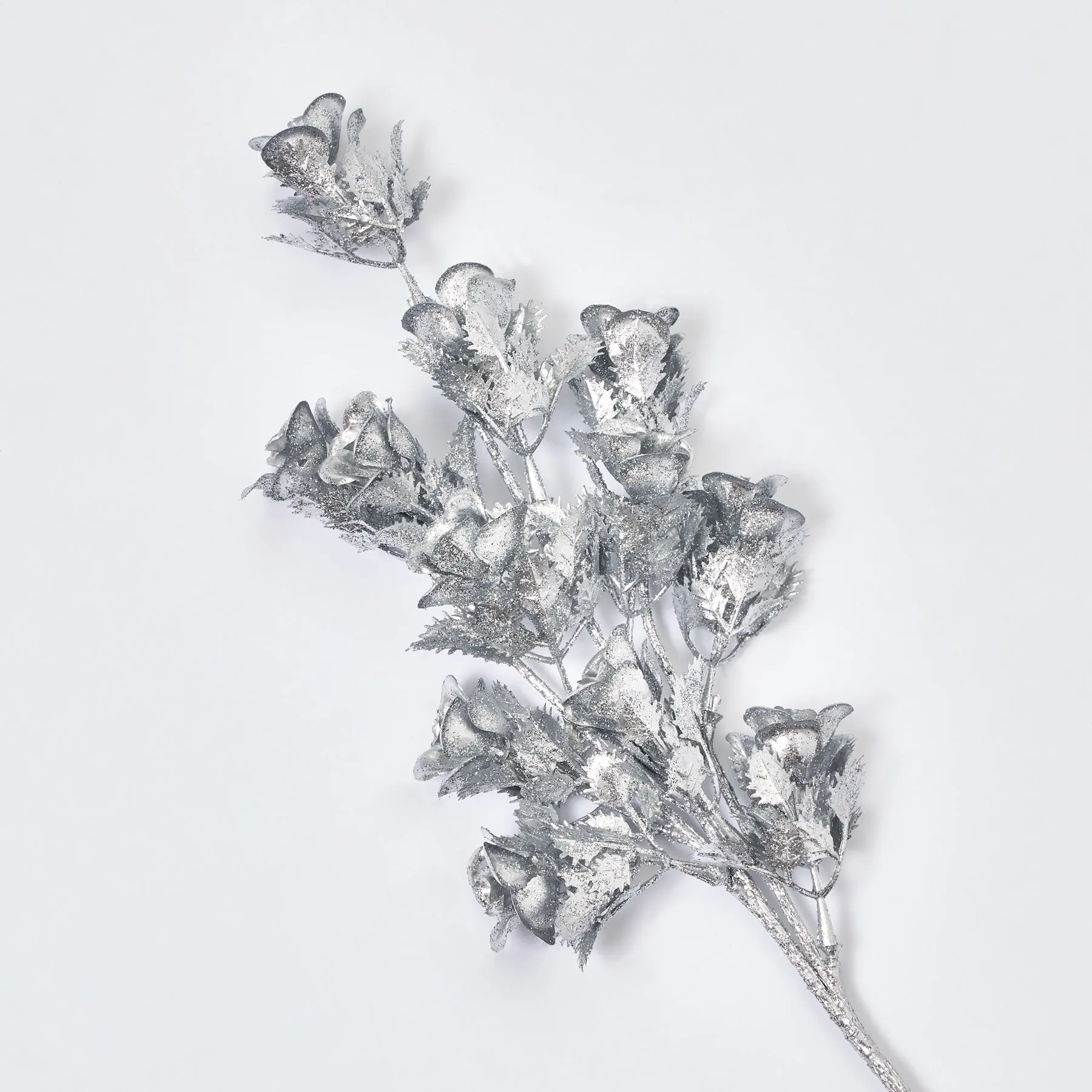 Painted Metallic Glitter Rose Bloom & Leaf Foliage Single Faux Floral Branch Spray - Two Color Options Available