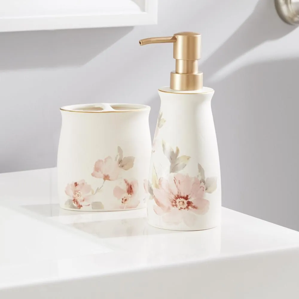 Saturday Knight Ltd Misty Floral Gold Tone Trim Bath Toothbrush Holder - 4.34x2.4x4.16", Pink/Multi